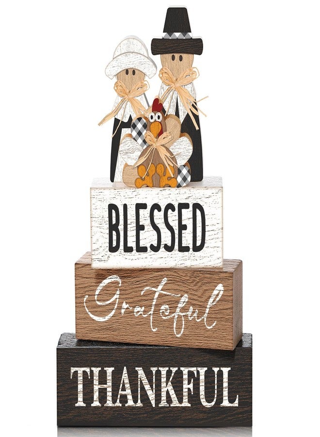 Quzzil 4 Pcs Thanksgiving Table Decor for Home Pilgrim Couple Wooden Signs with Blessed Thanksgiving Autumn Tiered Tray Decor Turkey Tabletop Centerpiece Grateful Block Signs for Office Kitchen Shelf - Image 1